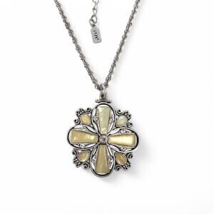 1928 Necklace Pale Yellow MOP Rhinestone Clover Pendant